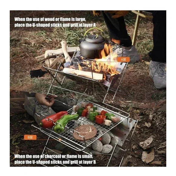 PSKOOK Camping Grill, Stainless Steel Portable Foldable Campfire Charcoal BBQ - Picture 5 of 10